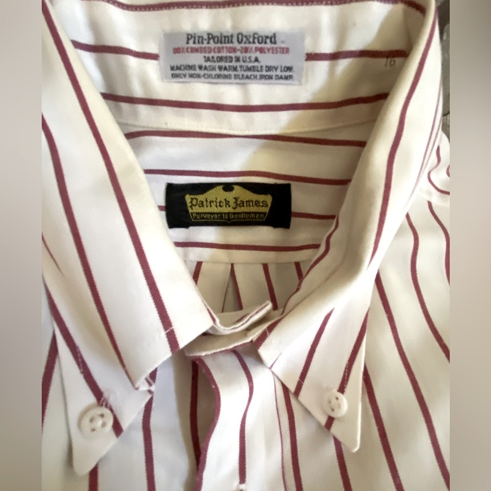 PATRICK JAMES Men’s button down shirt. Dark red/burgundy wide stripe 16/33 Grest
